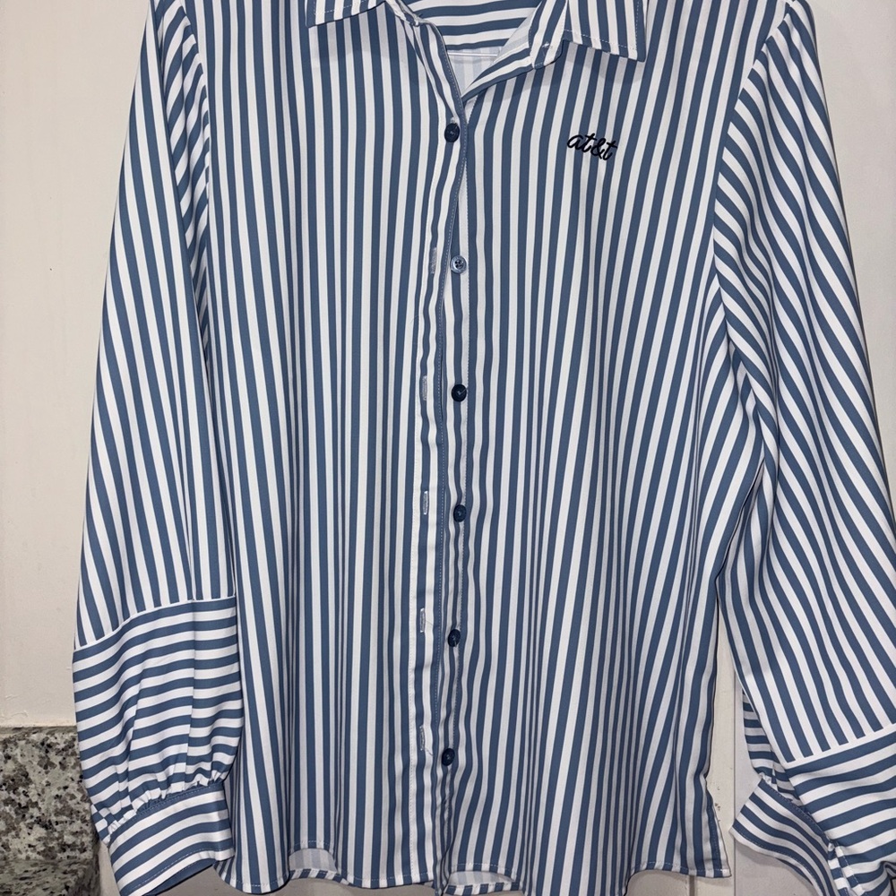 AT&T Women's Striped Button Down Shirt - Blue and White